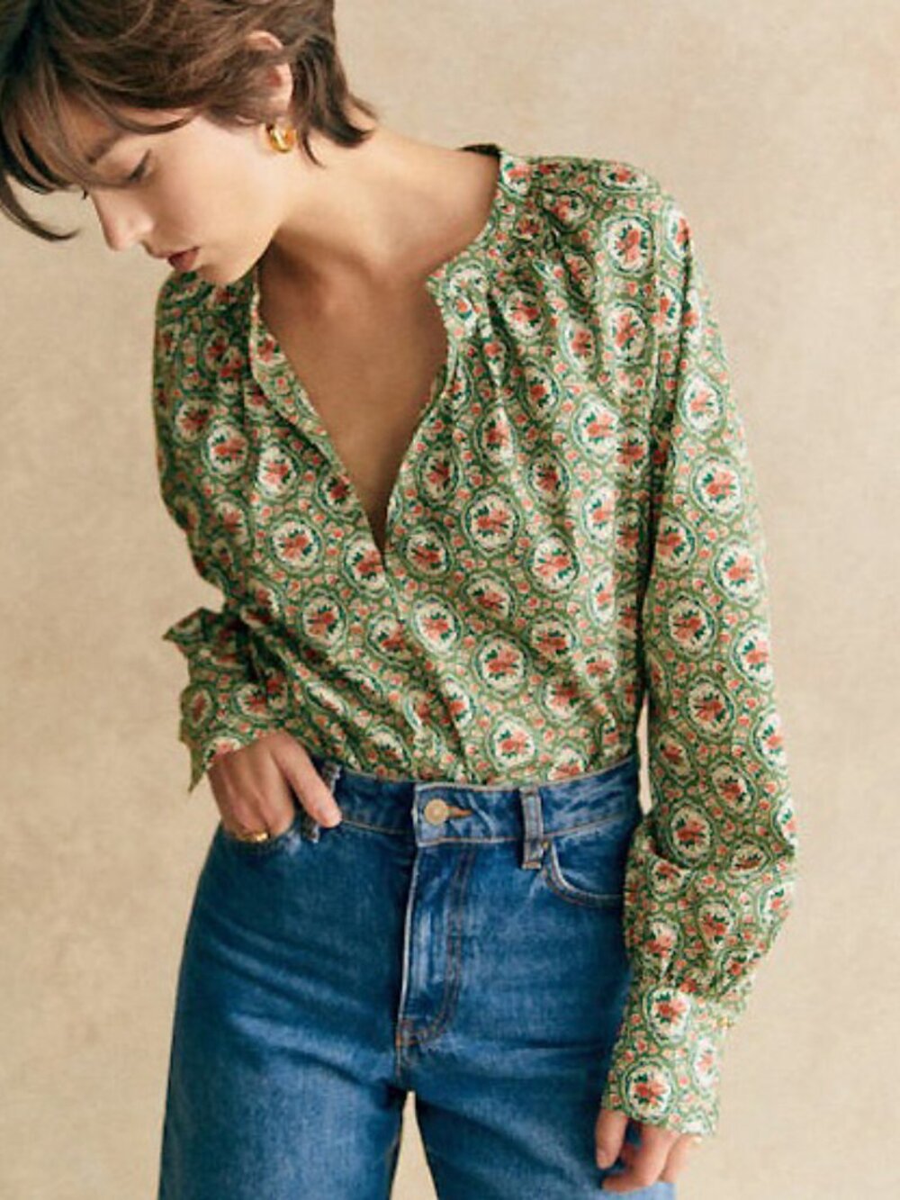 New Sezane Carla 100% Cotton Medallion Floral Blouse Green Red 36, 4, S